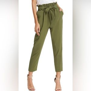 Army Green GRACE KARIN Cropped Paper Bag Waist Pants with Pockets